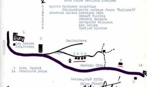 Skica trase rimske ceste kroz Sv. Ivan Zelinu od benzinske crpke do kraja Gajeve ulice. Skicu je izradio Milan Nikolić 1971.g.