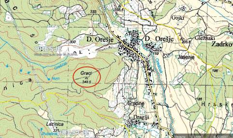 Geografski položaj lokaliteta Graci (isječak iz topografske karte 1:25000, DGU)