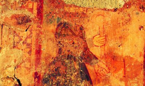 Dio oslika s prikazom raspetog Krista i velikaša koji kleči i drži ključ u rukama